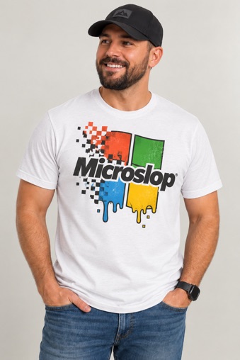 White T-shirt with a colorful pixelated Microslop graphic